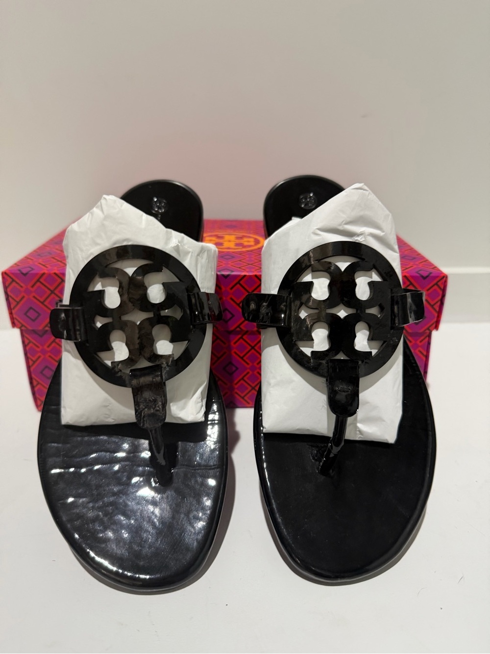 Tory Burch Black Patent Miller Thong Sandals with Logo Medallion